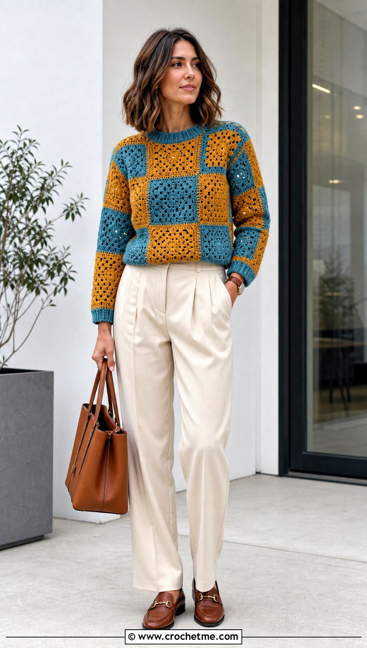 Checkerboard Granny Square Sweater With Pleated Trousers - 30 crochet sweater with granny squares outfit ideas