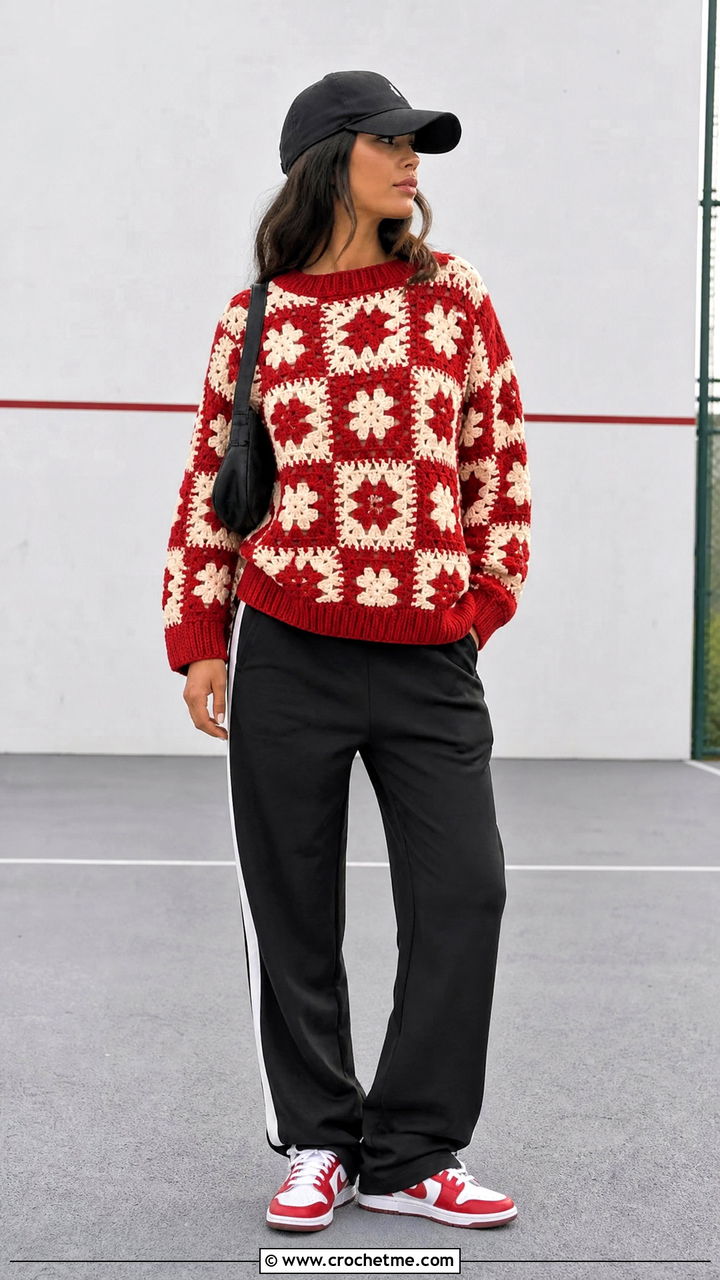 Checkerboard Granny Square Sweater With Track Pants - 35 crochet granny square sweater outfit ideas