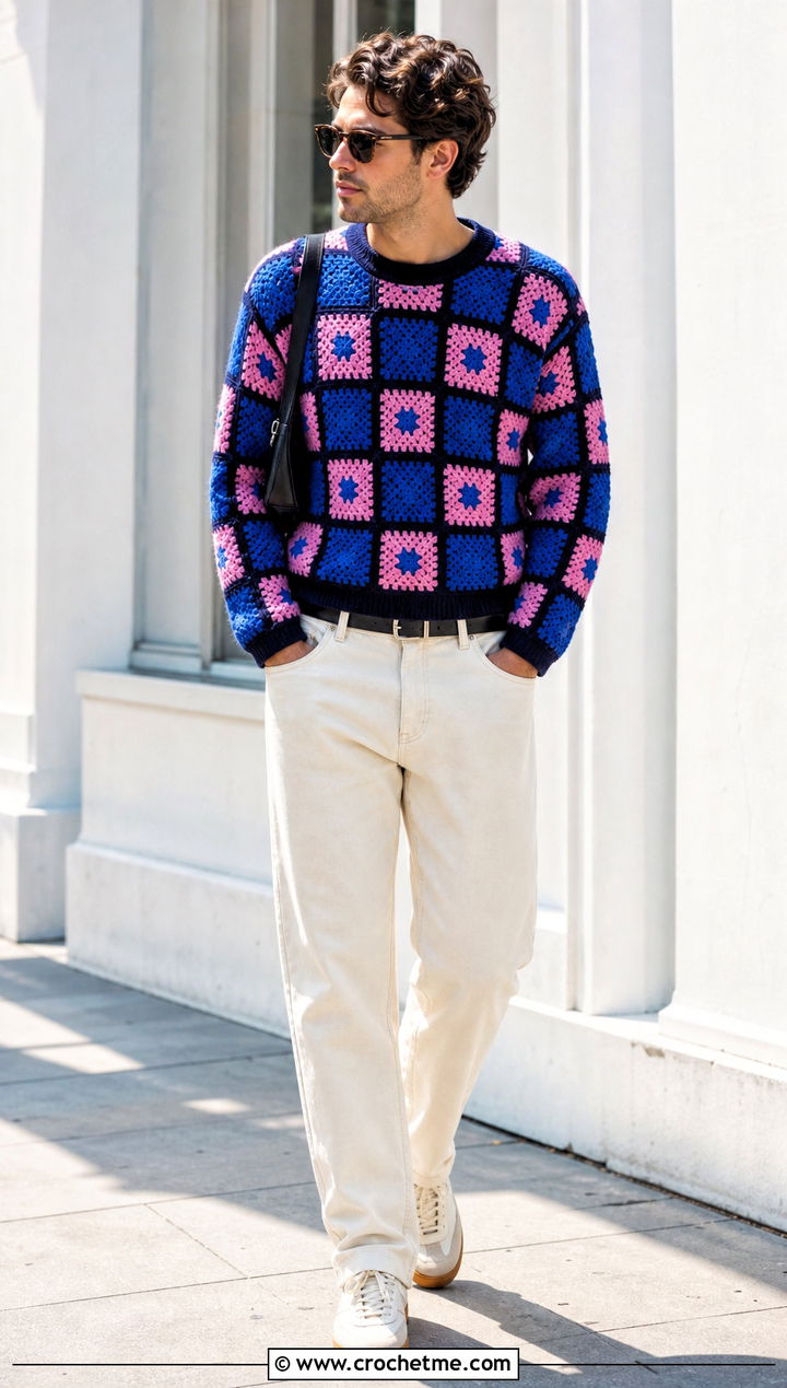 Checkerboard Granny Square Sweater With White Denim - 25 Crochet Granny Square Sweater For Men outfit ideas