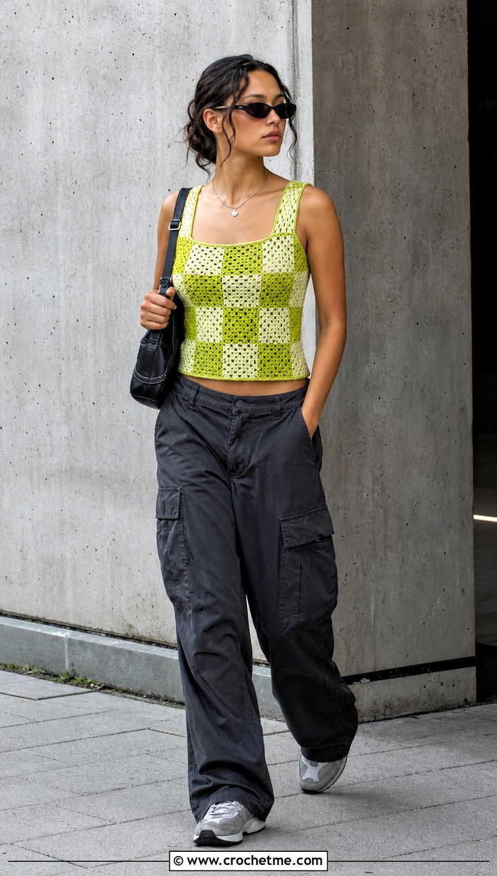 Checkerboard Granny Square Tank Top With Cargo Pants - 25 Crochet Granny Square Tank Top outfit ideas