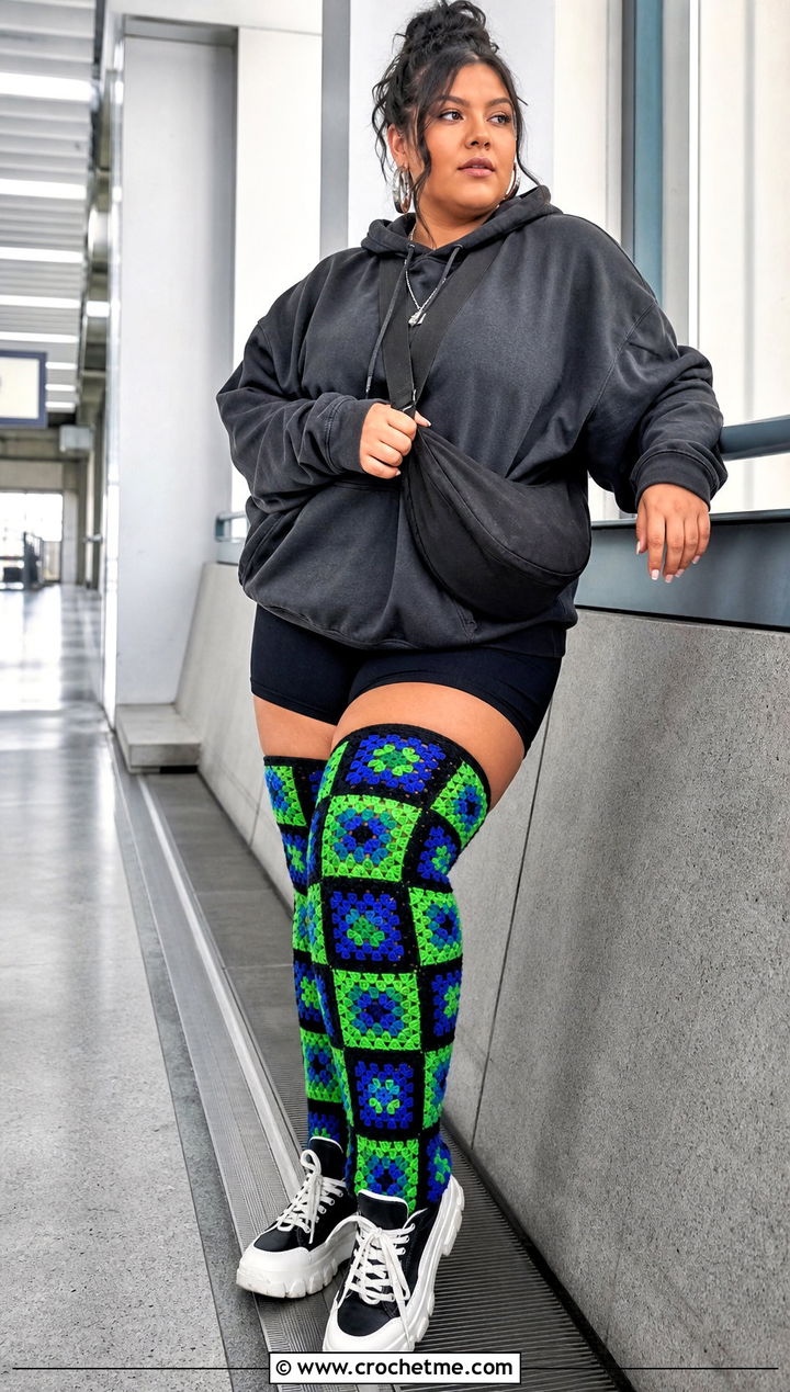 Checkerboard Granny Square Thigh High Socks With Oversized Hoodie - 25 granny square thigh high socks outfit ideas