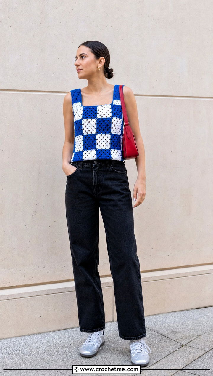 Checkerboard Granny Square Top With Black Denim - 35 granny squares top outfit ideas