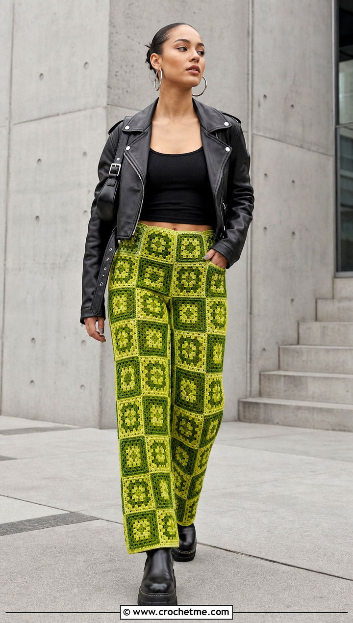 Checkerboard Granny Square Trousers With Leather Biker Jacket - 35 granny square trousers outfit ideas