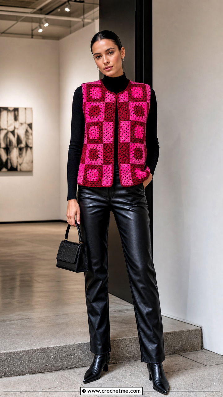 Checkerboard Granny Square Vest With Leather Pants - 35 granny square vest outfit ideas