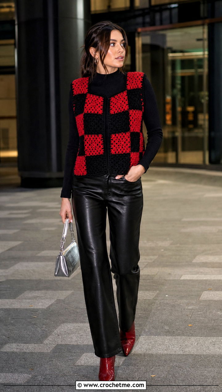 Checkerboard Granny Square Waistcoat With Leather Pants - 35 granny square waistcoat outfit ideas