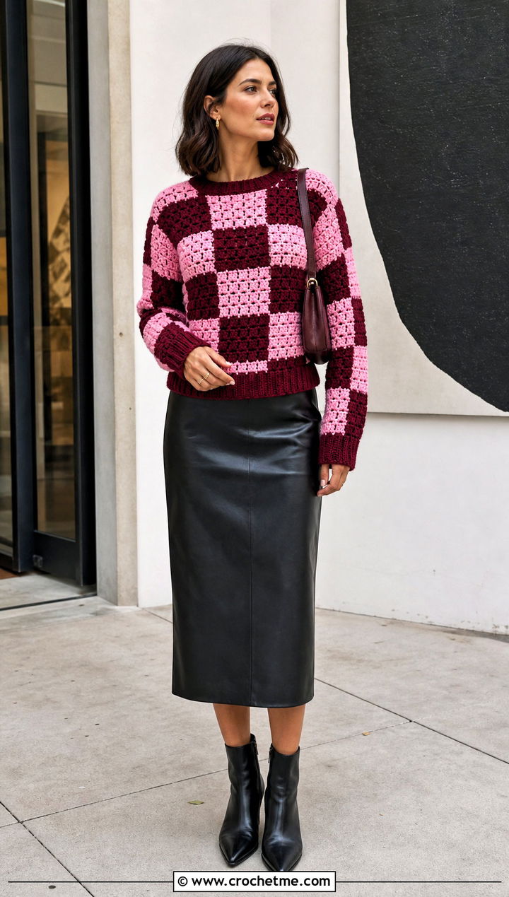 Checkerboard Grid Crochet Sweater With Leather Midi Skirt - 15 grid crochet sweater design outfit ideas