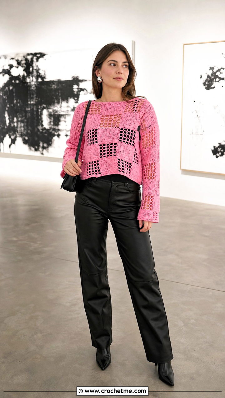 Checkerboard Grid Crochet Sweater With Leather Pants - 15 Grid Crochet Sweater outfit ideas