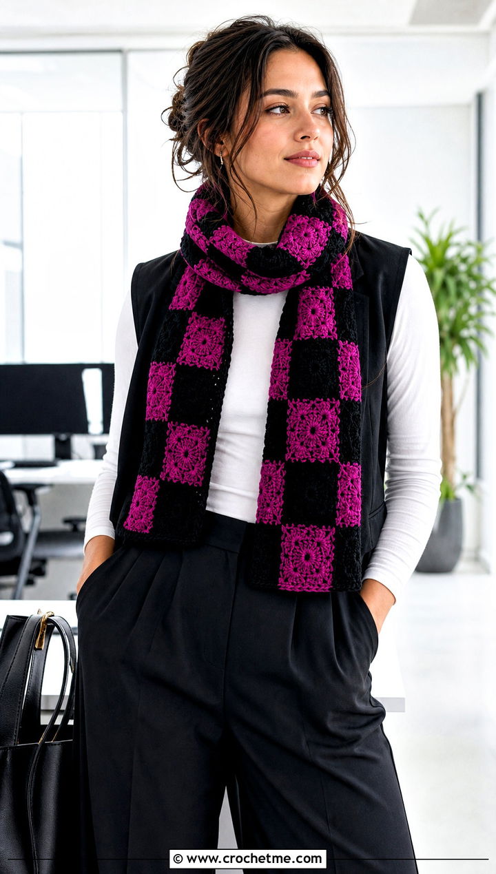 Checkerboard Halloween Scarf With Tailored Vest - 20 crochet halloween scarf outfit ideas