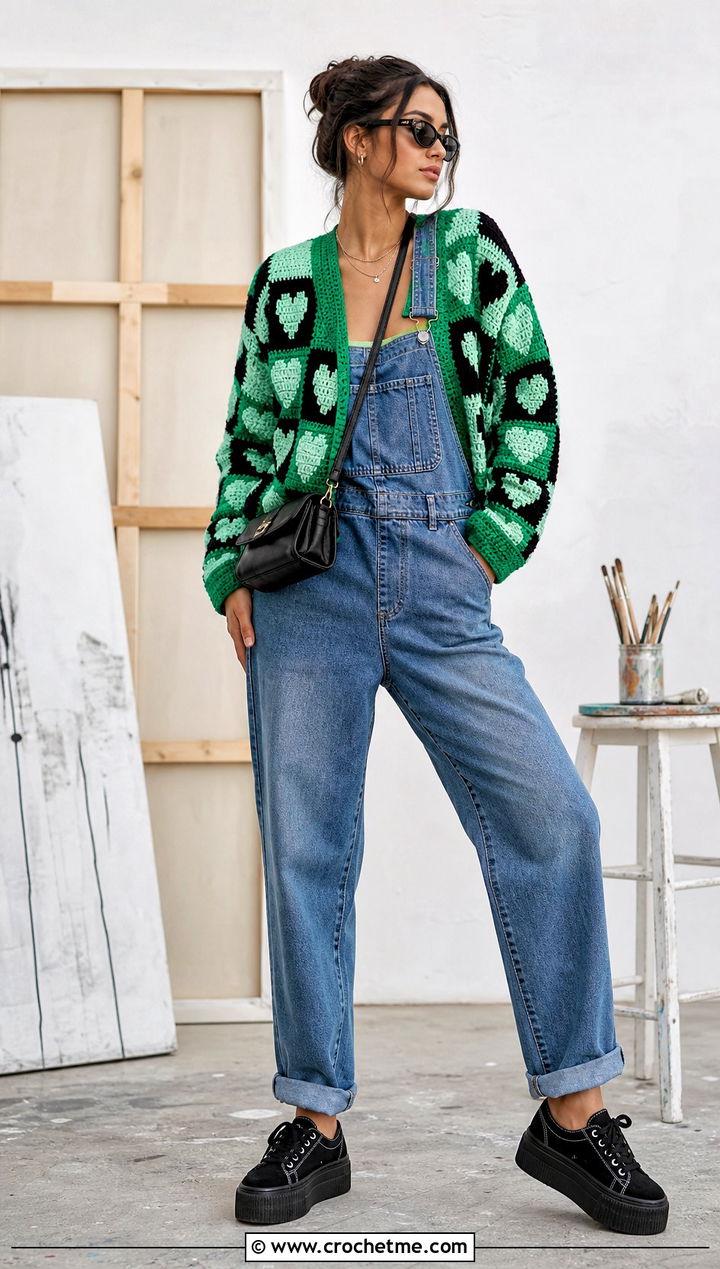 Checkerboard Heart Cardigan With Overalls - 35 crochet heart cardigan outfit ideas