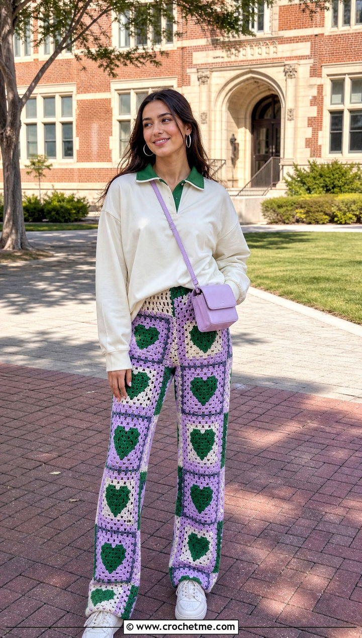 Checkerboard Heart Granny Square Pants With Rugby Shirt - 30 heart granny square pants outfit ideas