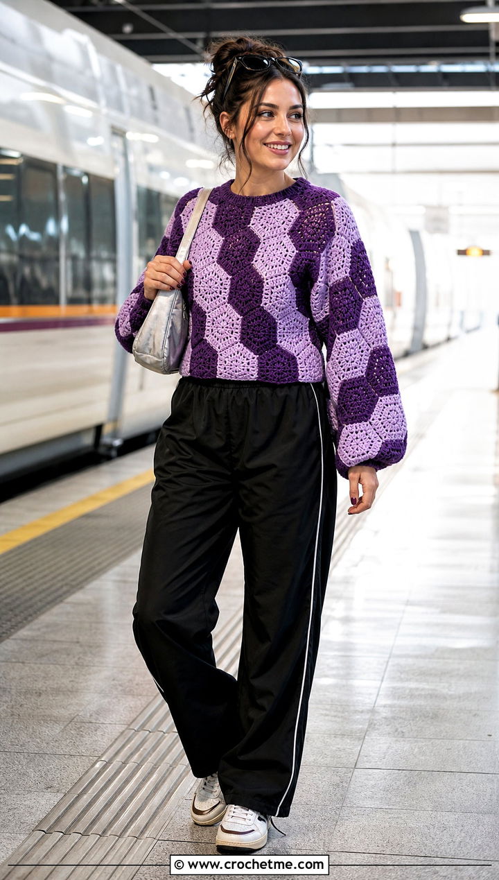 Checkerboard Hexagon Jumper With Track Pants - 30 crochet hexagon jumper outfit ideas