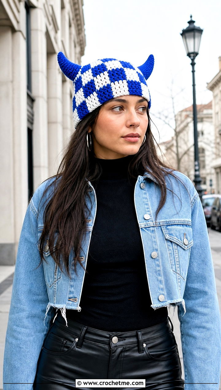 Checkerboard Horn Beanie With Faux Leather Pants - 30 crochet hat with horns outfit ideas