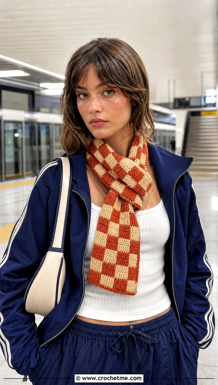 Checkerboard Keyhole Crochet Scarf With Track Jacket - 15 Funny Crochet Scarf outfit ideas