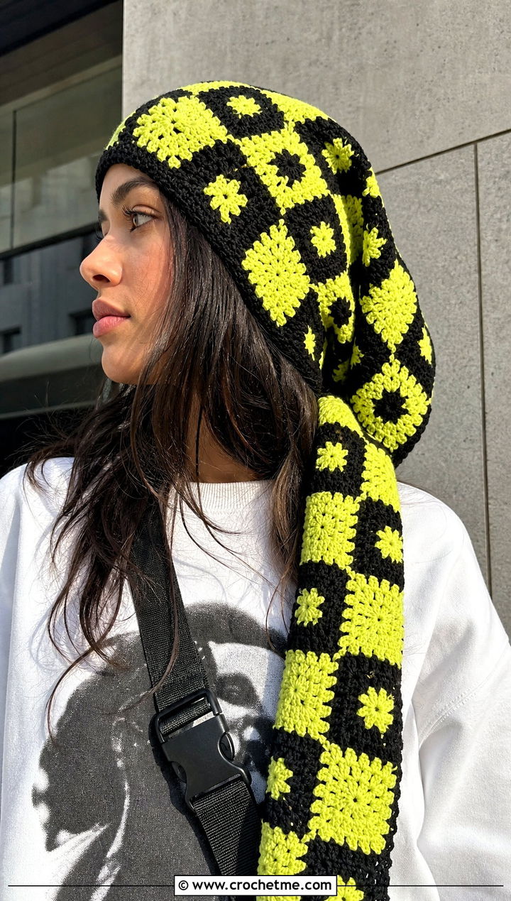 Checkerboard Long Crochet Hat With Graphic Sweatshirt - 30 crochet long hat outfit ideas