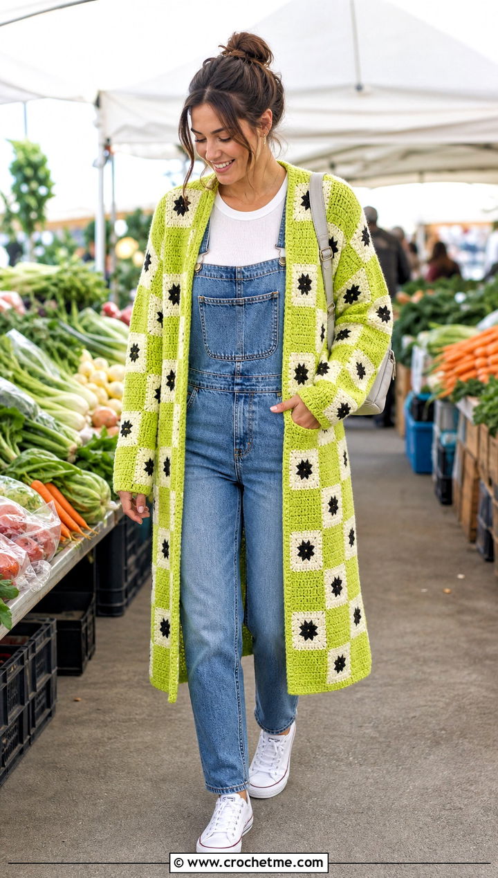 Checkerboard Long Granny Square Cardigan With Denim Overalls - 35 long granny square cardigan outfit ideas