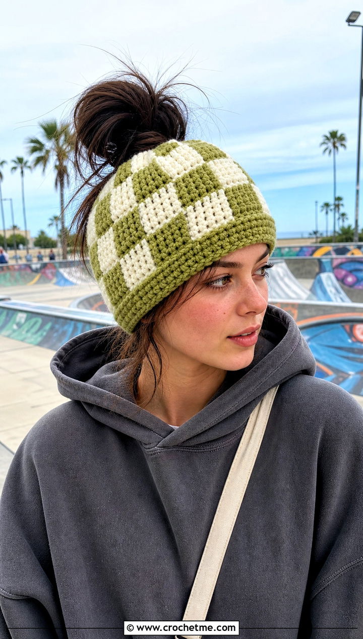 Checkerboard Messy Bun Crochet Hat With Skate Outfit - 25 messy bun crochet hat with hair tie outfit ideas