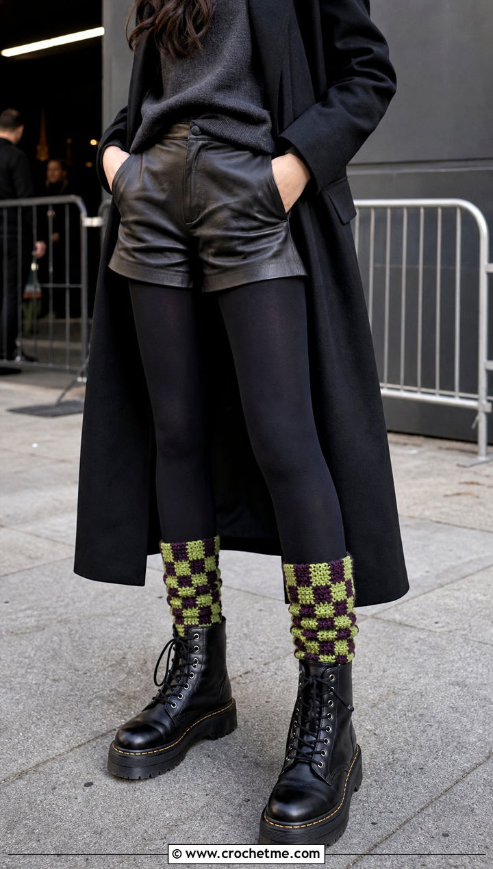 Checkerboard Mid Calf Crochet Winter Socks With Leather Shorts - 30 crochet winter socks outfit ideas