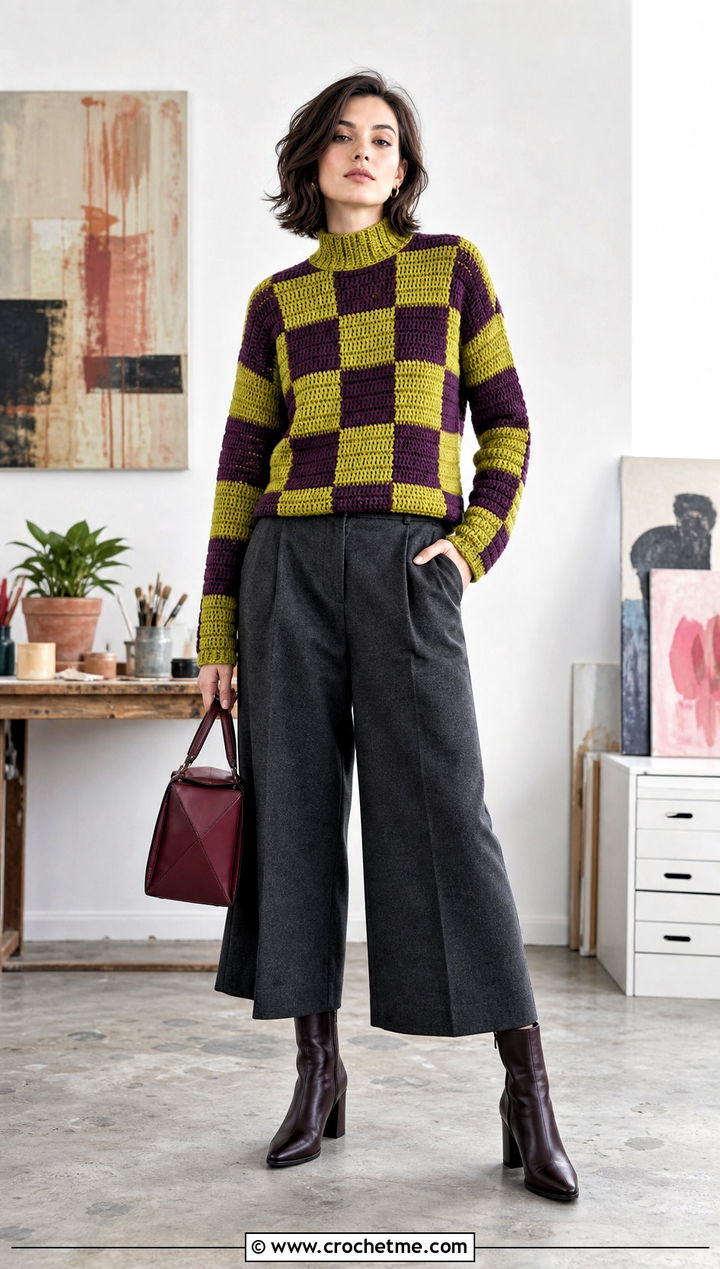 Checkerboard Mock Neck Crochet Sweater With Culottes - 25 Crochet Thanksgiving Sweater outfit ideas