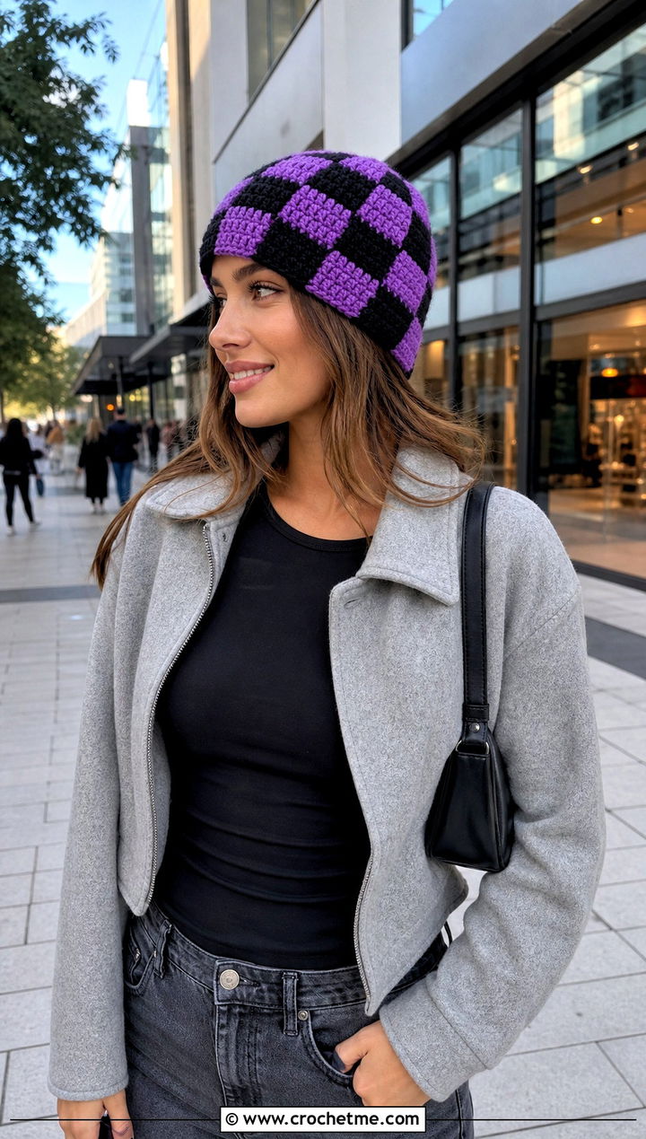 Checkerboard Mosaic Crochet Beanie With Denim Skirt - 25 Mosaic Crochet Beanie outfit ideas