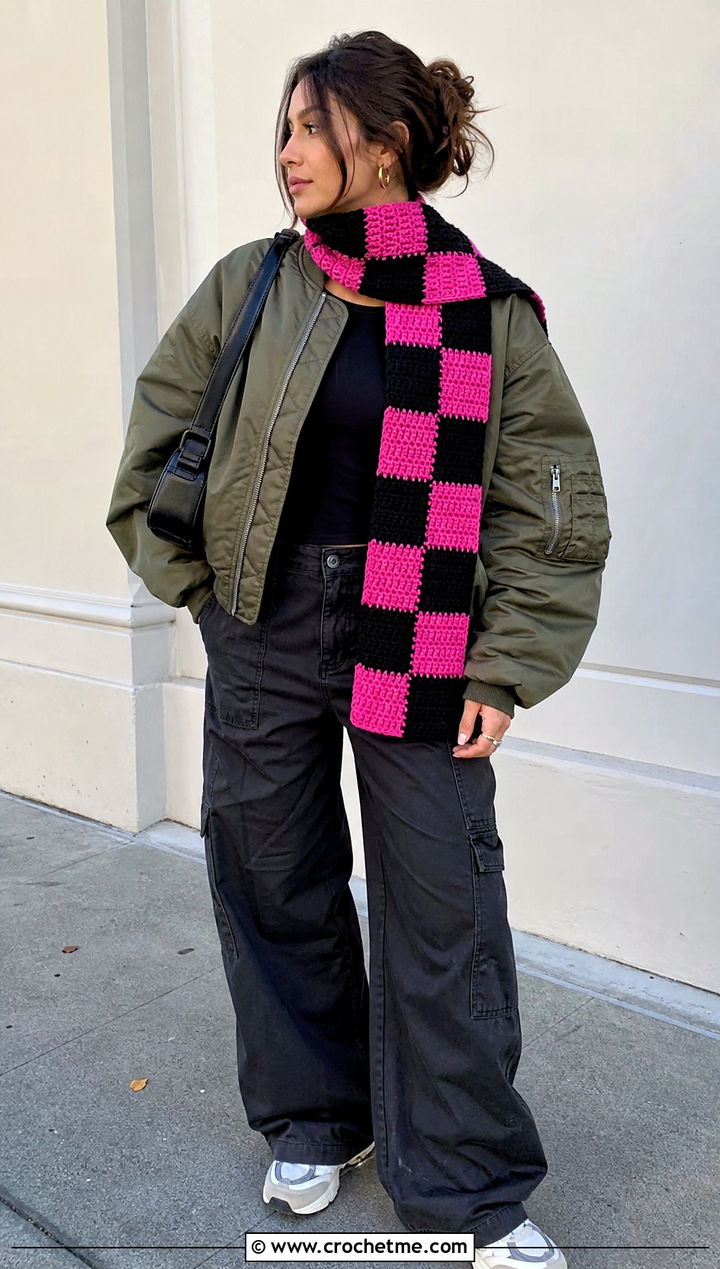 Checkerboard Mosaic Crochet Scarf With Bomber Jacket - 25 Mosaic Crochet Scarf outfit ideas