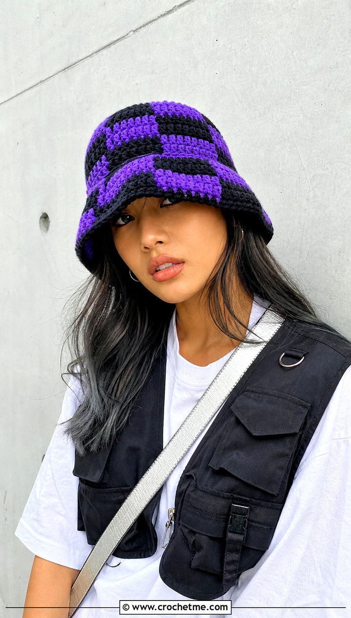 Checkerboard Mushroom Bucket Hat With Streetwear - 25 mushroom crochet hat outfit ideas
