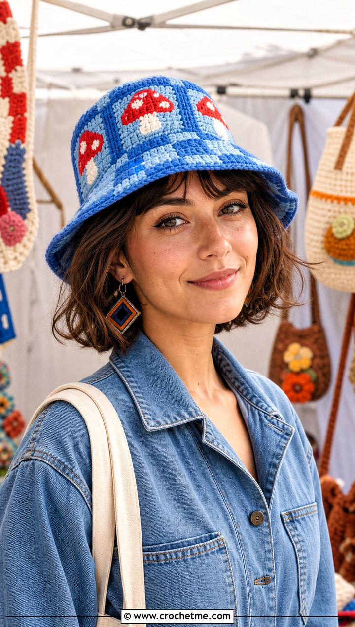 Checkerboard Mushroom Crochet Bucket Hat With Denim Jumpsuit - 15 Mushroom Crochet Bucket Hat outfit ideas