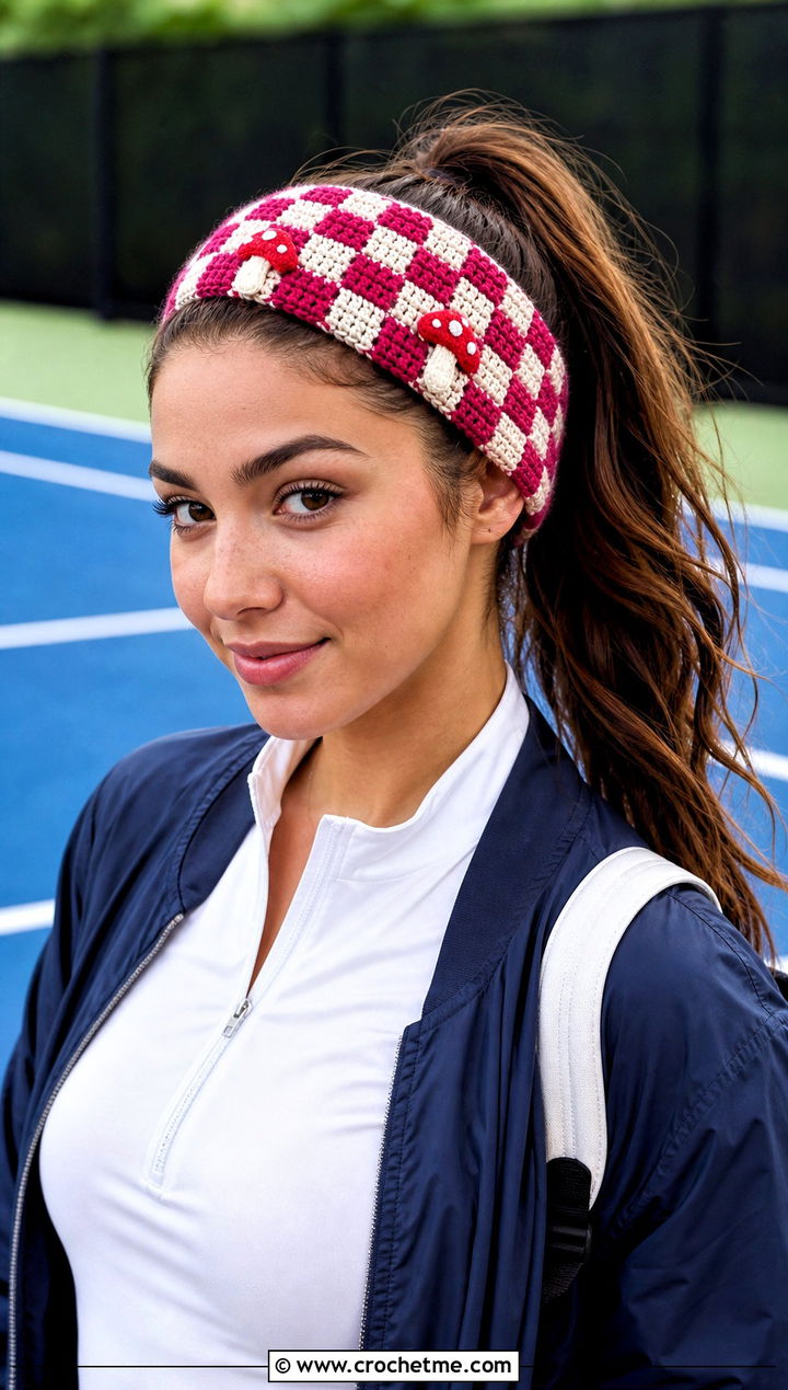 Checkerboard Mushroom Headband With Tennis Skirt - 25 mushroom crochet headband outfit ideas