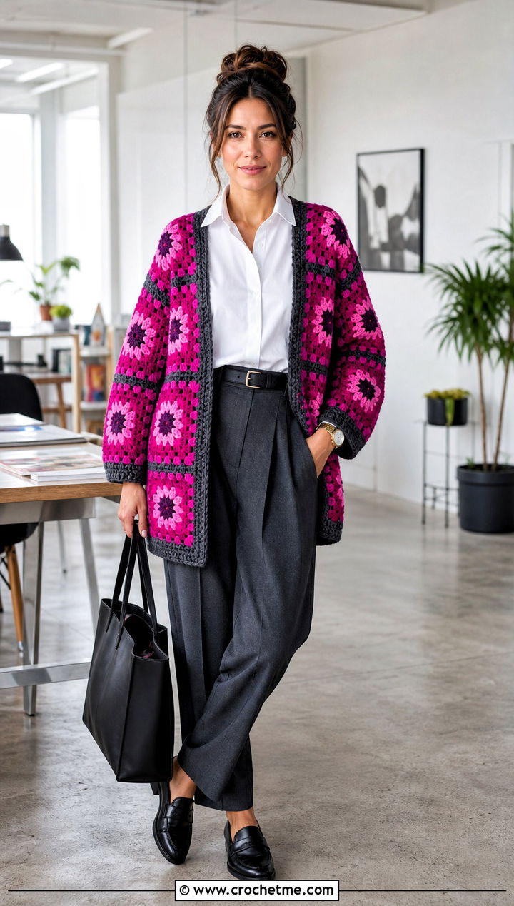 Checkerboard Oversized Granny Square Cardigan With Pleated Trousers - 25 Oversized Granny Square Cardigan outfit ideas