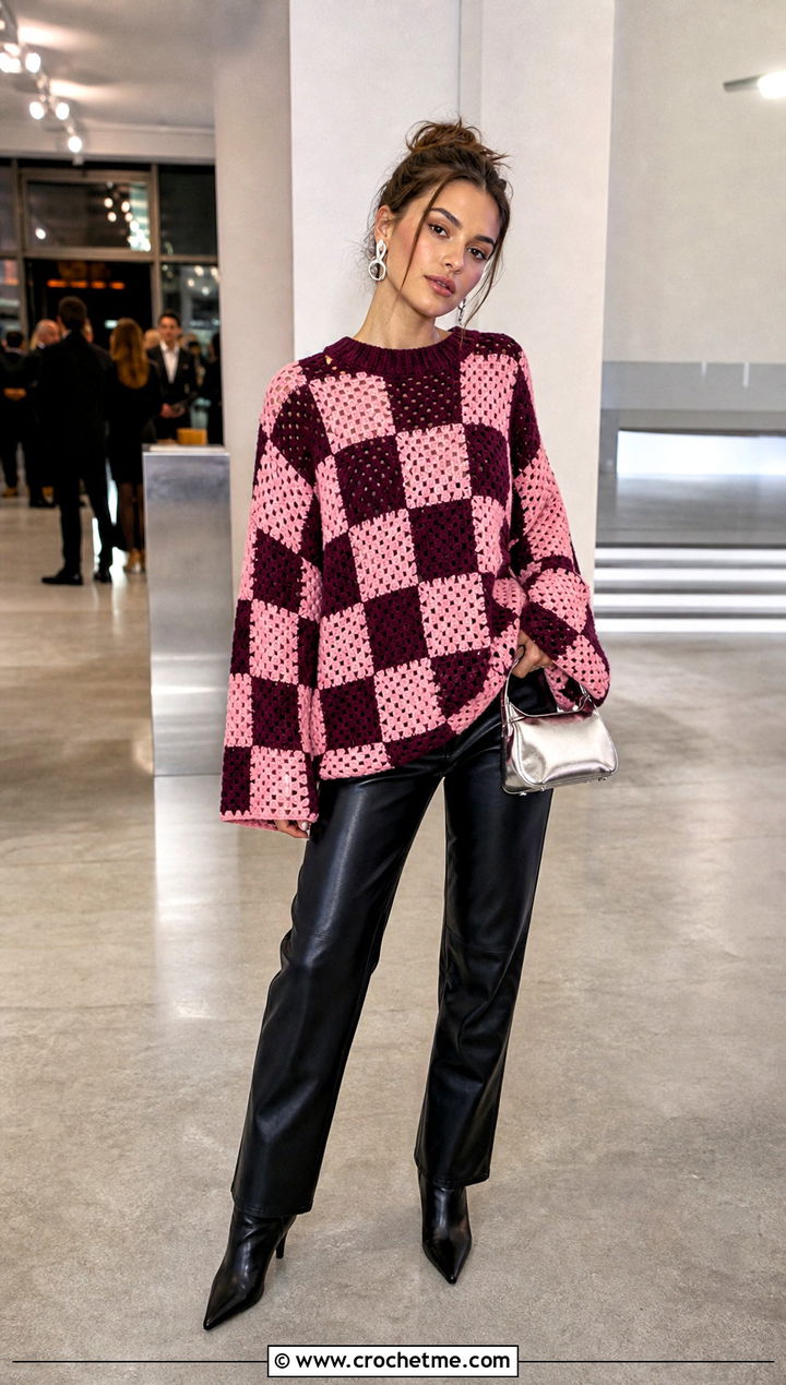 Checkerboard Oversized Granny Square Sweater With Leather Pants - 15 Crochet Oversized Granny Square Sweater outfit ideas