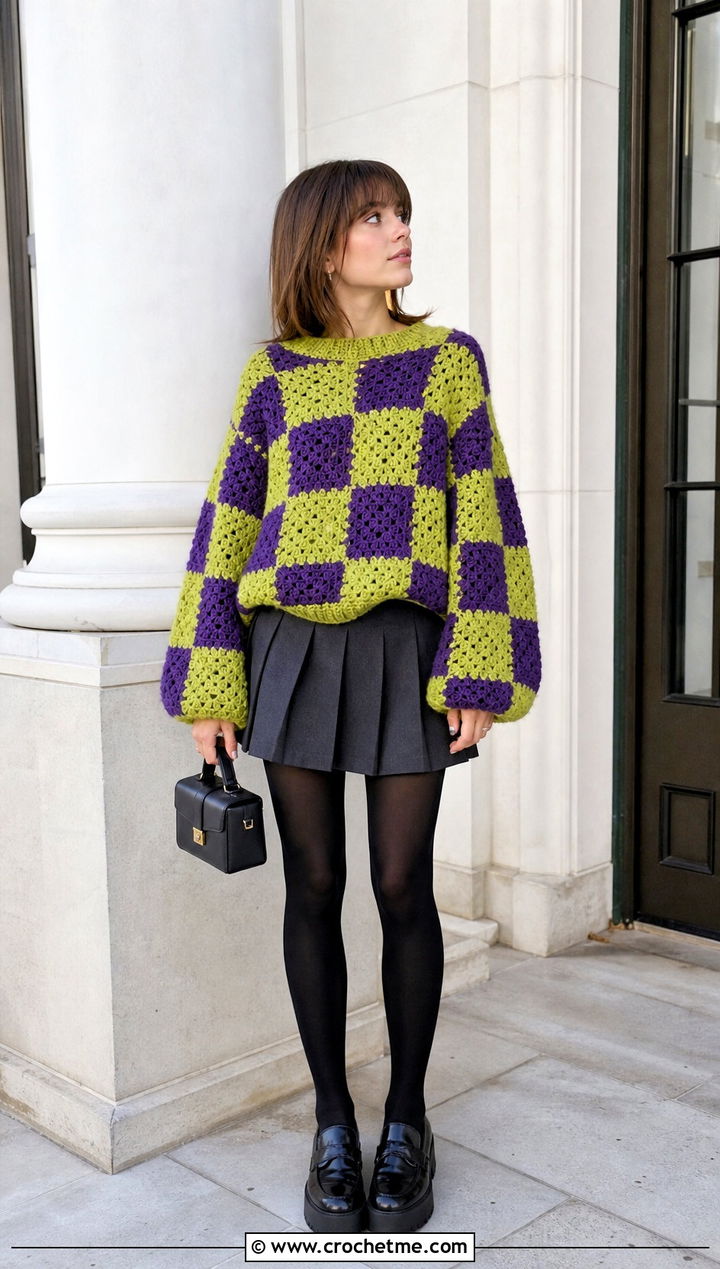Checkerboard Oversized Granny Square Sweater With Pleated Mini Skirt - 30 oversized granny square sweater outfit ideas