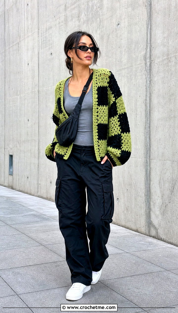 Checkerboard Oversized Patchwork Crochet Cardigan With Cargo Pants - 15 oversized patchwork crochet cardigan outfit ideas
