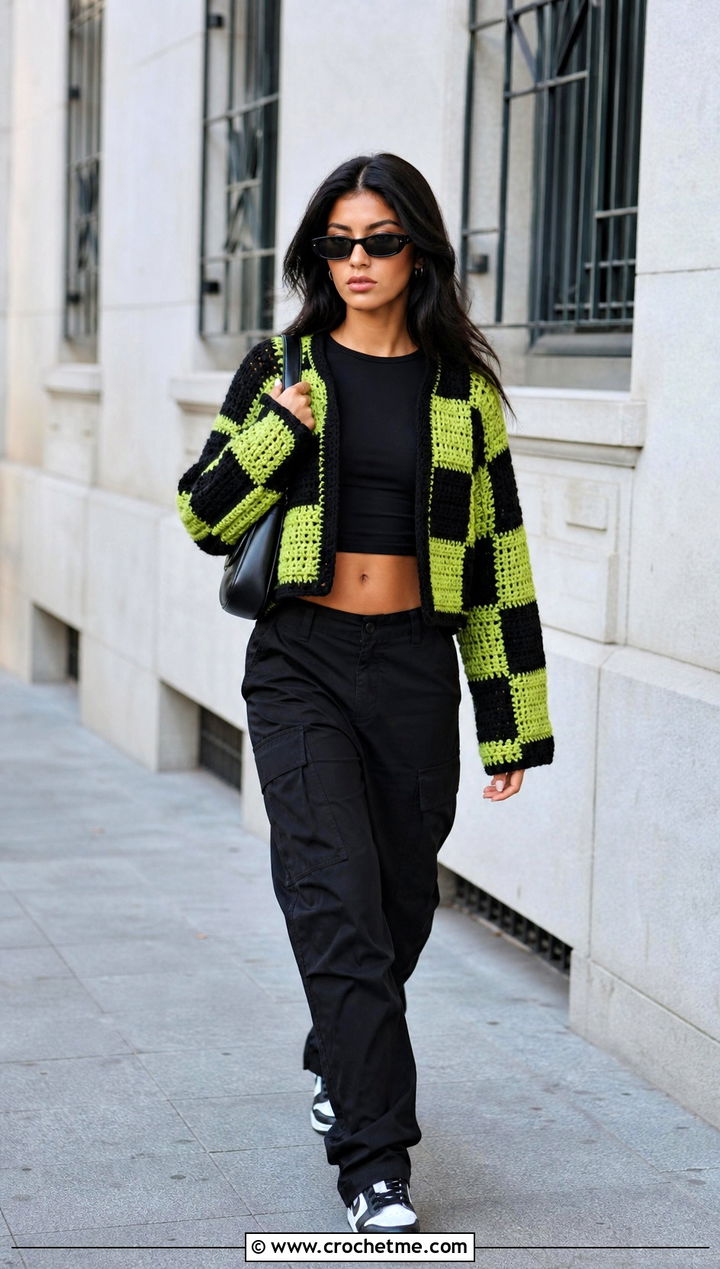 Checkerboard Patchwork Cardigan With Black Cargo Pants - 30 crochet patch work cardigan outfit ideas