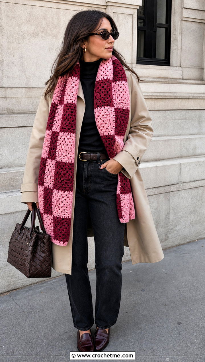 Checkerboard Patchwork Crochet Scarf With Trench Coat - 15 Patchwork Crochet Scarf outfit ideas