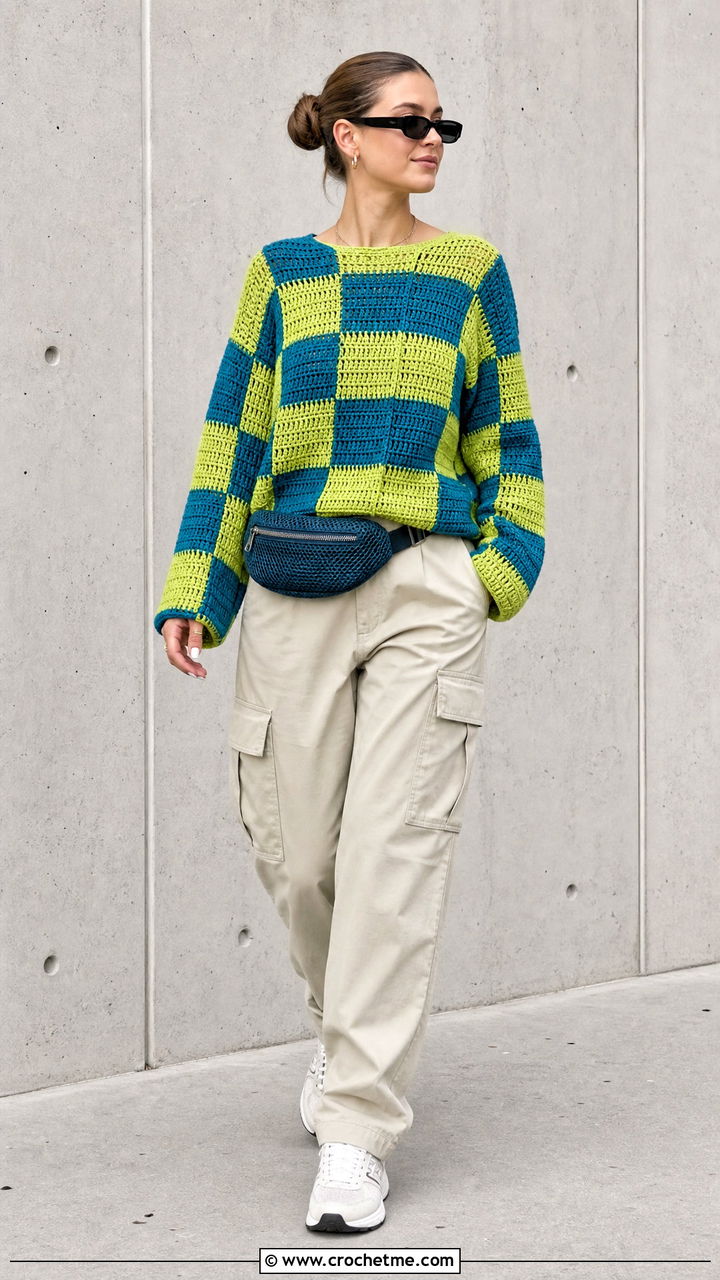 Checkerboard Patchwork Crochet Sweater With Cargo Pants - 35 patchwork crochet sweater outfit ideas