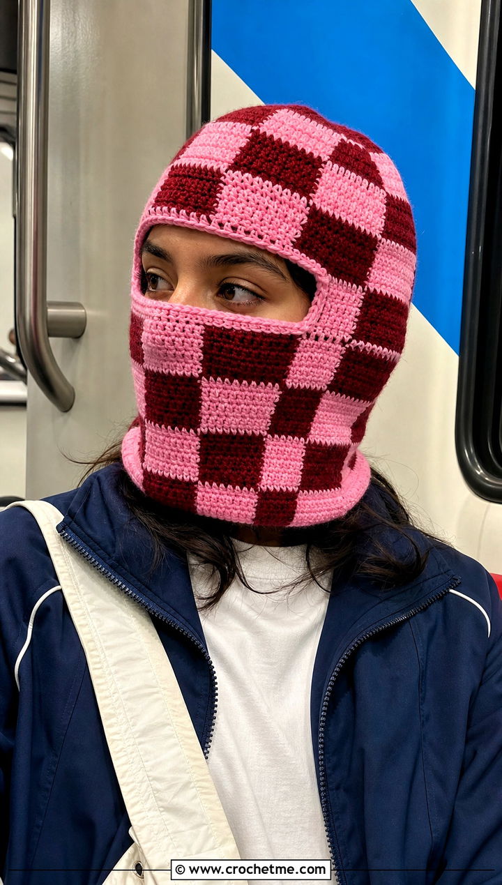 Checkerboard Pink Crochet Balaclava With Tracksuit - 25 Pink Crochet Balaclava outfit ideas