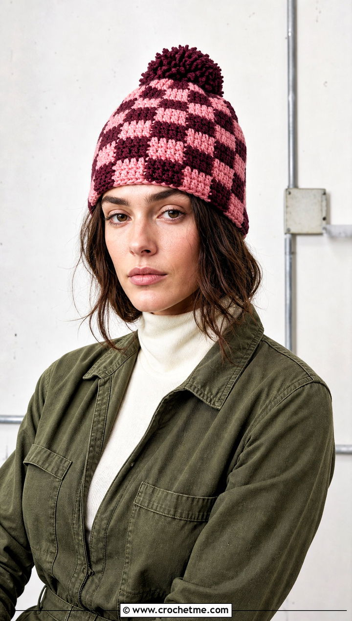 Checkerboard Pom Pom Beanie With Utility Jumpsuit - 30 crochet beanie with pom pom outfit ideas
