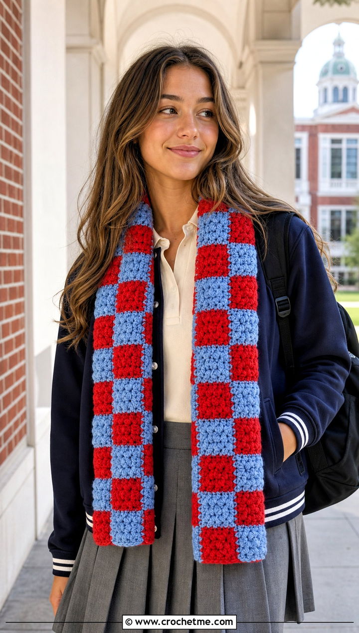 Checkerboard Puff Stitch Scarf With Varsity Jacket - 15 Playful Puffs Crochet Scarf outfit ideas