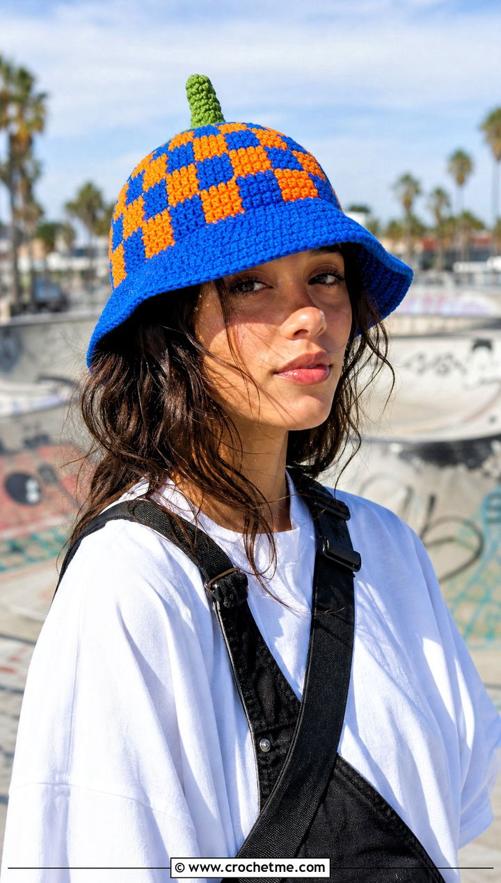 Checkerboard Pumpkin Bucket Hat With Skater Outfit - 30 crochet pumpkin bucket hat outfit ideas