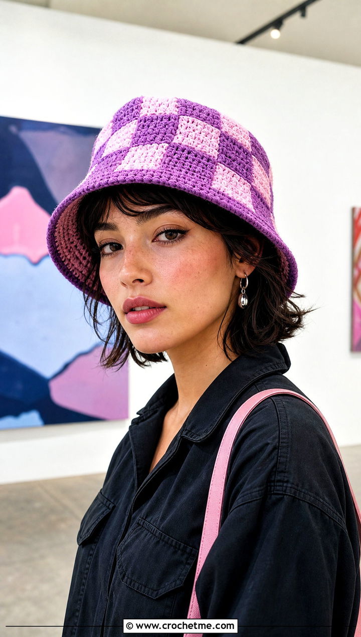 Checkerboard Purple Crochet Bucket Hat With Black Jumpsuit - 30 purple crochet bucket hat outfit ideas