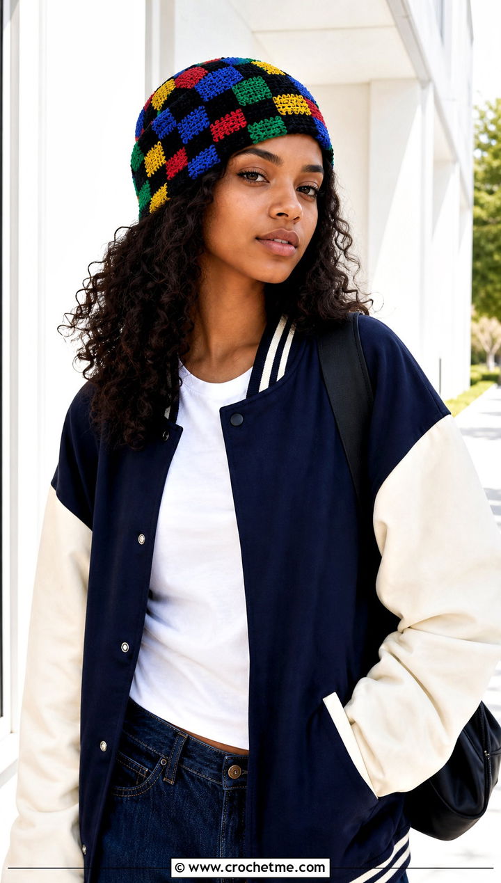 Checkerboard Rasta Beanie With Varsity Jacket - 25 crochet rasta beanie outfit ideas