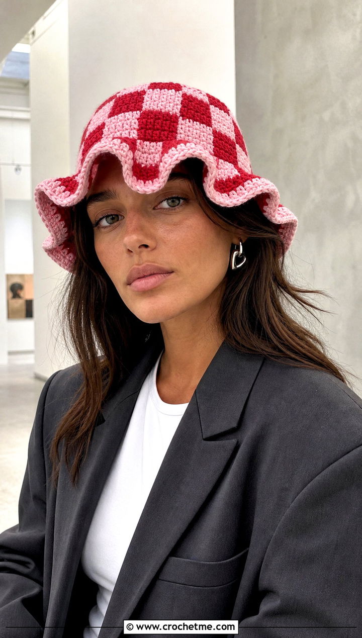 Checkerboard Ruffle Crochet Bucket Hat With Blazer - 25 Crochet Bucket Hat With Ruffles outfit ideas