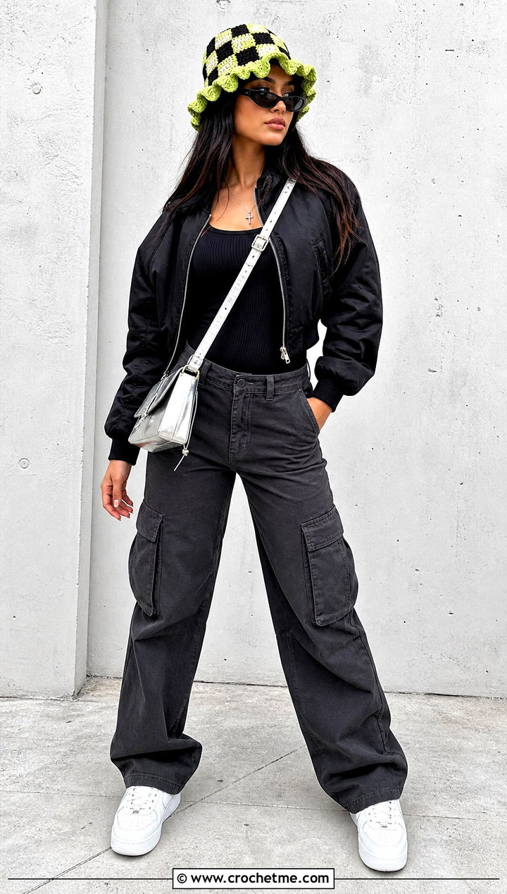 Checkerboard Ruffle Crochet Hat With Cargo Pants And Bomber Jacket - 35 ruffled crochet hat outfit ideas