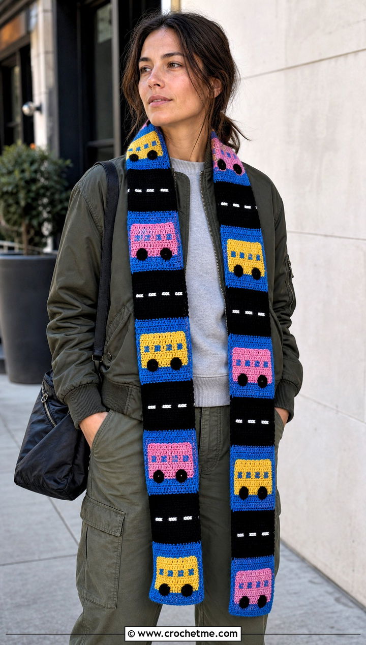 Checkerboard School Bus Scarf With Bomber Jacket - 25 Crochet School Bus Scarf outfit ideas