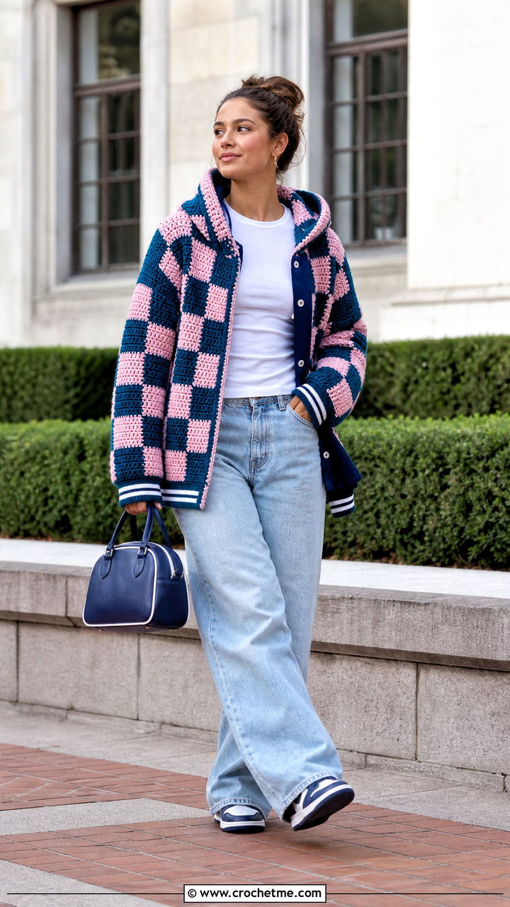 Checkerboard Scoodie With Varsity Jacket And Jeans - 35 crochet hooded scarf outfit ideas