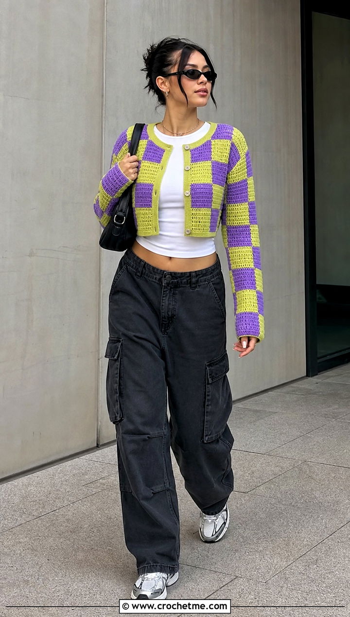 Checkerboard Scrap Cardigan With Cargo Pants - 15 Crochet Scrap Cardigan outfit ideas