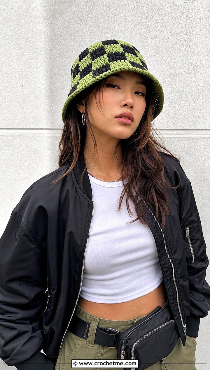 Checkerboard Scrap Happy Crochet Bucket Hat With Cargo Pants And Bomber Jacket - 15 Scrap Happy Crochet Bucket Hat outfit ideas