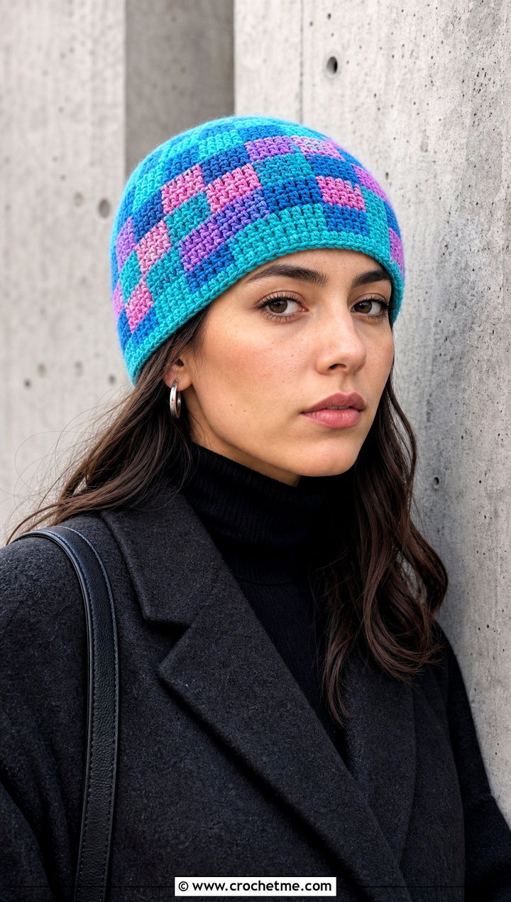 Checkerboard Scrap Yarn Crochet Beanie With Monochrome Outfit - 30 scrap yarn crochet beanie outfit ideas