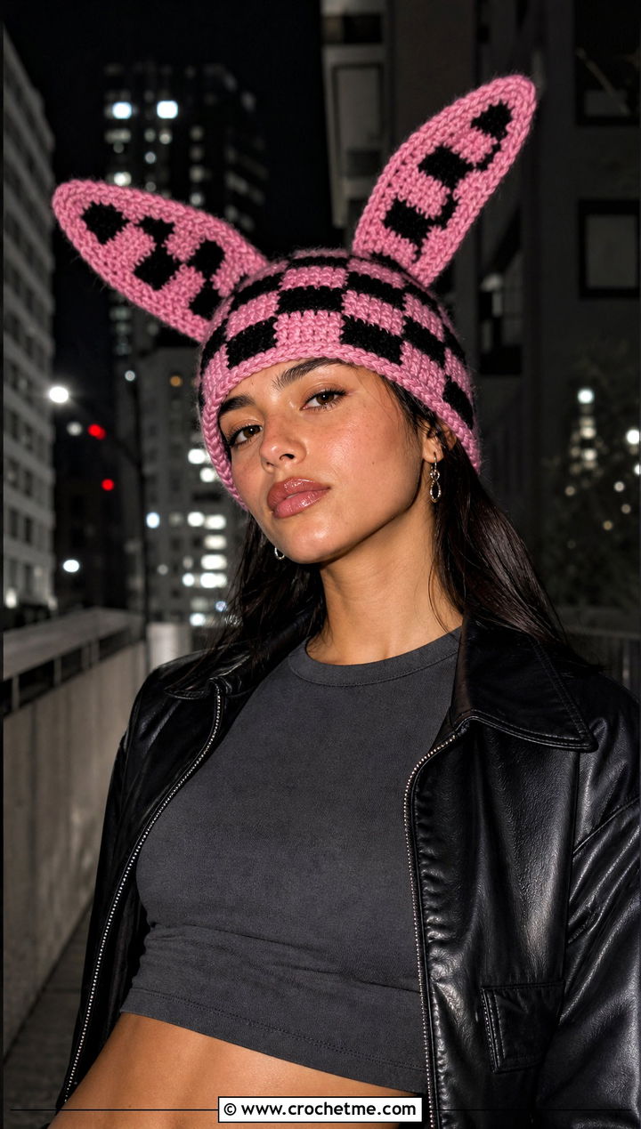 Checkerboard Sincerity Is Scary Crochet Hat With Leather Jacket And Mini Skirt - 15 Sincerity Is Scary Crochet Hat outfit ideas