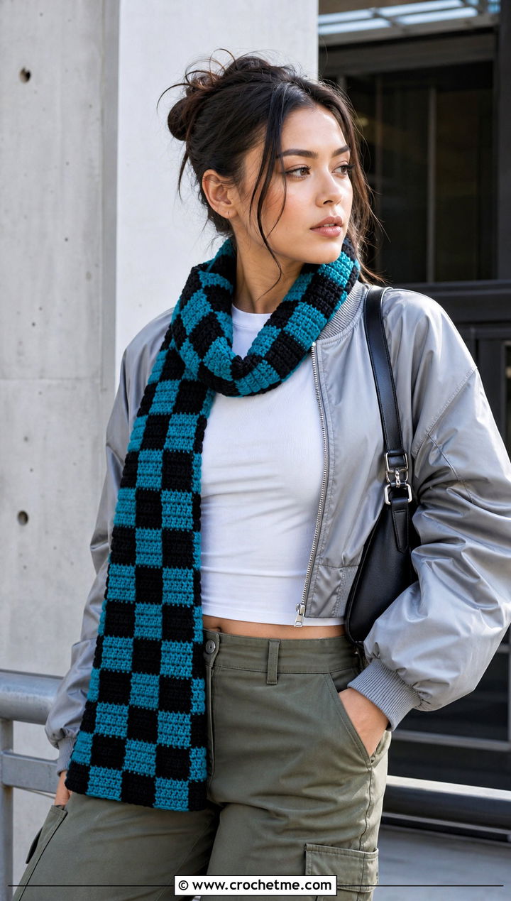 Checkerboard Single Crochet Scarf With Bomber Jacket And Cargo Pants - 25 Single Crochet Scarf outfit ideas