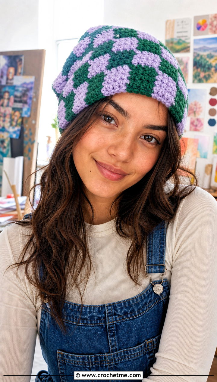 Checkerboard Slouch Crochet Hat With Denim Overalls - 30 slouch crochet hat outfit ideas